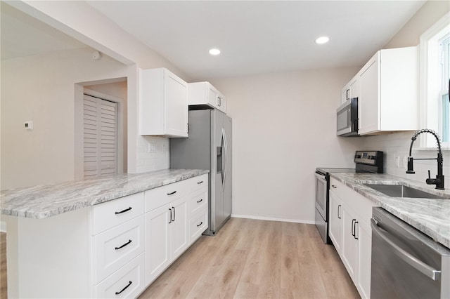 kitchen with a peninsula, appliances with stainless steel finishes, a sink, and white cabinets