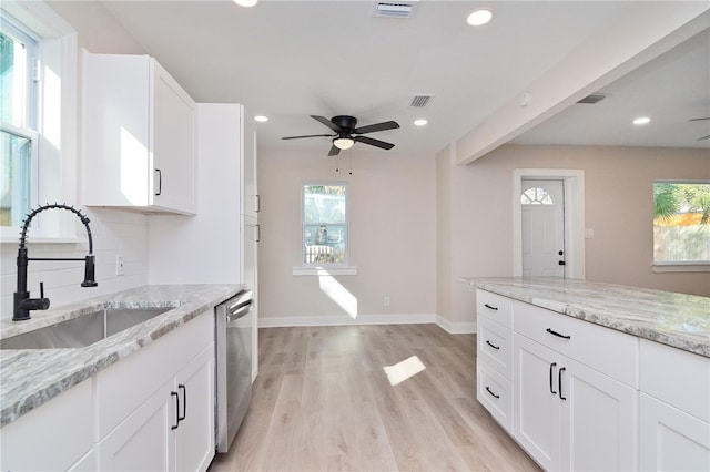 kitchen with light stone counters, a sink, white cabinetry, stainless steel dishwasher, and decorative backsplash