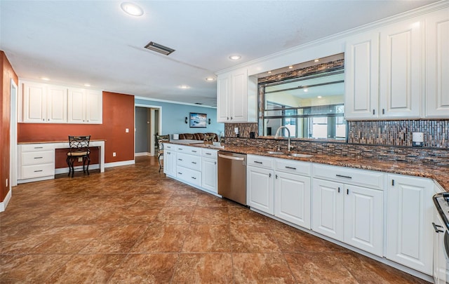 kitchen with white cabinetry, dishwasher, sink, and dark stone counters