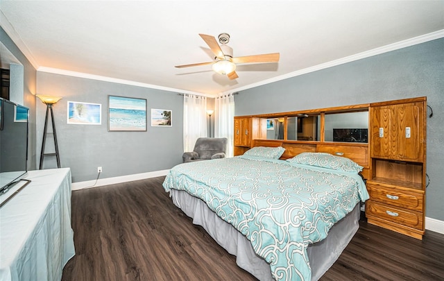 bedroom featuring ornamental molding, dark wood-type flooring, and ceiling fan