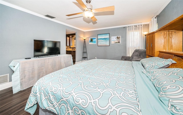 bedroom with dark wood-type flooring, ceiling fan, and ornamental molding