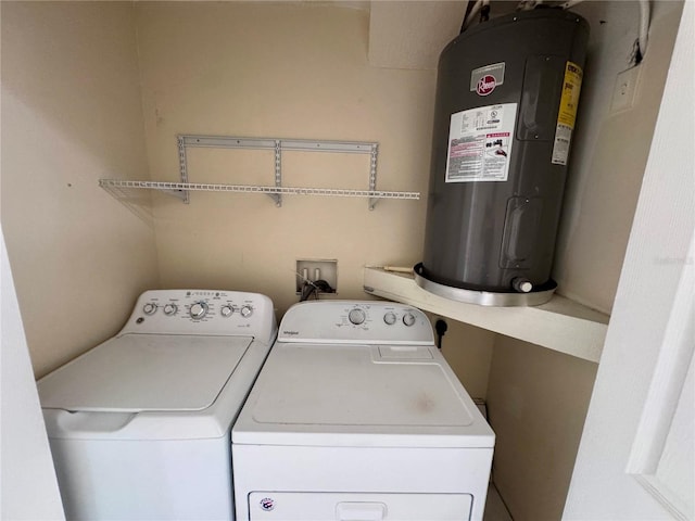 laundry room with water heater and washer and clothes dryer