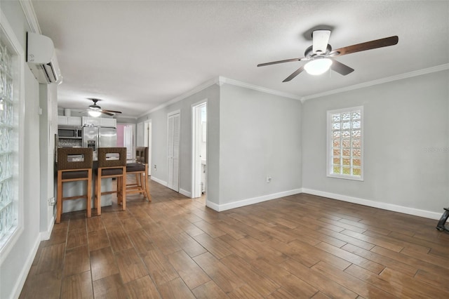 unfurnished room featuring crown molding, an AC wall unit, ceiling fan, and dark hardwood / wood-style flooring