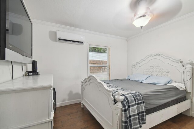 bedroom with ceiling fan, ornamental molding, and an AC wall unit