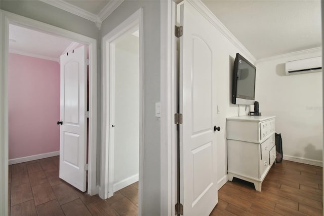 hallway featuring ornamental molding and an AC wall unit