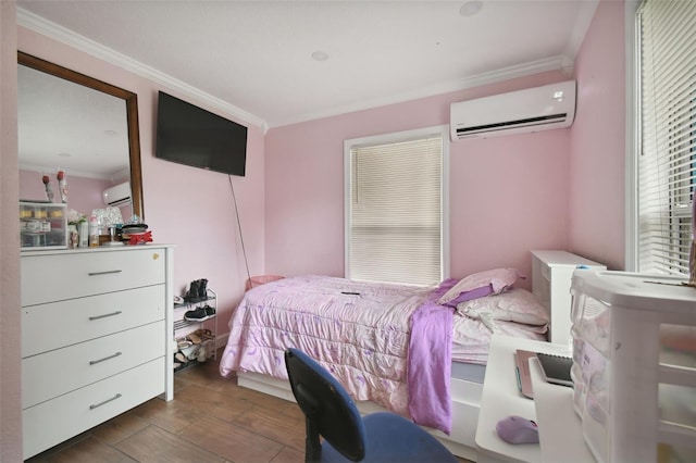 bedroom with dark wood-type flooring, ornamental molding, and an AC wall unit