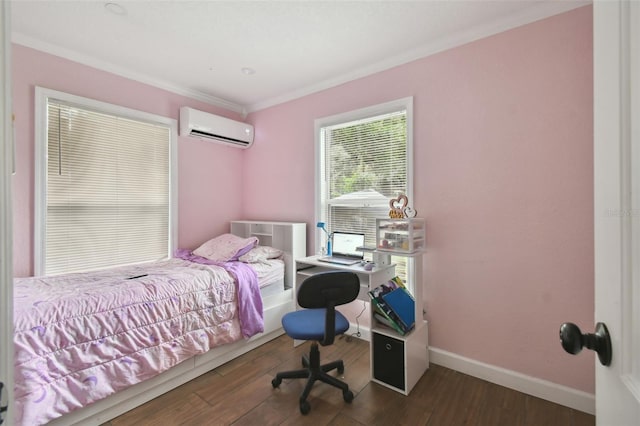 bedroom with ornamental molding, dark hardwood / wood-style floors, and an AC wall unit