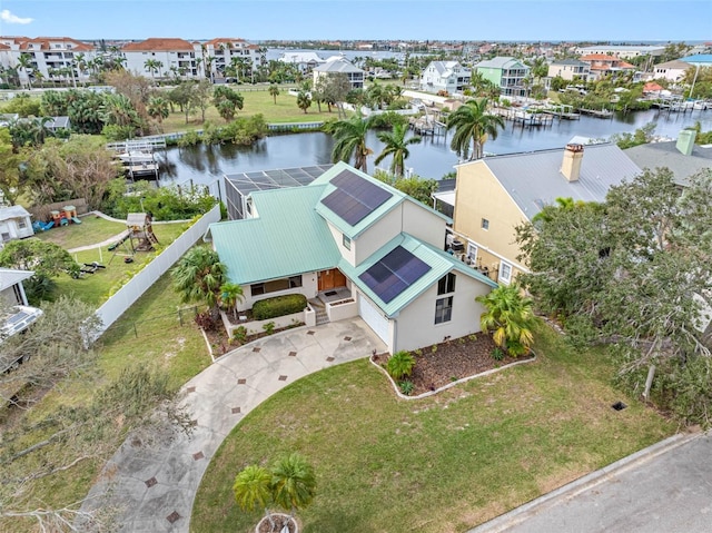 aerial view featuring a water view