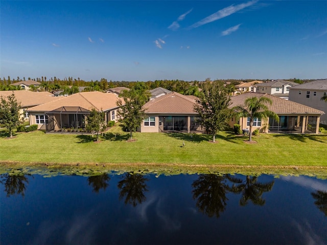 drone / aerial view featuring a water view