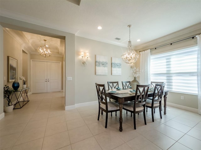 dining room featuring light tile patterned flooring, ornamental molding, and a notable chandelier