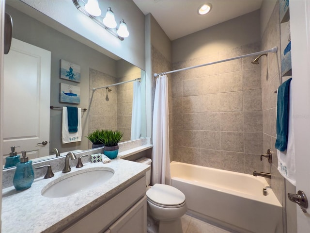 full bathroom with shower / bathtub combination with curtain, vanity, and toilet