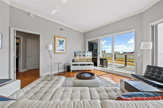 living room with hardwood / wood-style floors and ornamental molding