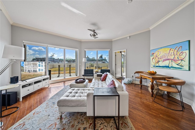 living room featuring dark hardwood / wood-style flooring and ornamental molding