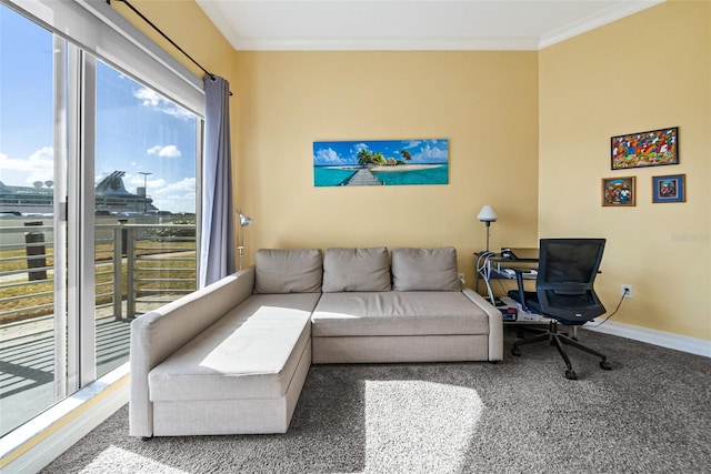 carpeted living room with crown molding