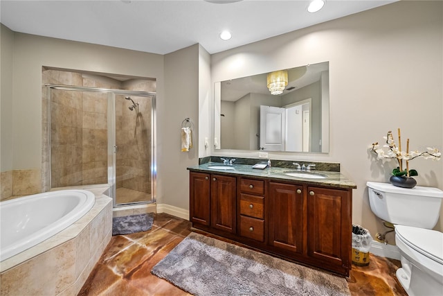 full bathroom featuring shower with separate bathtub, vanity, and toilet