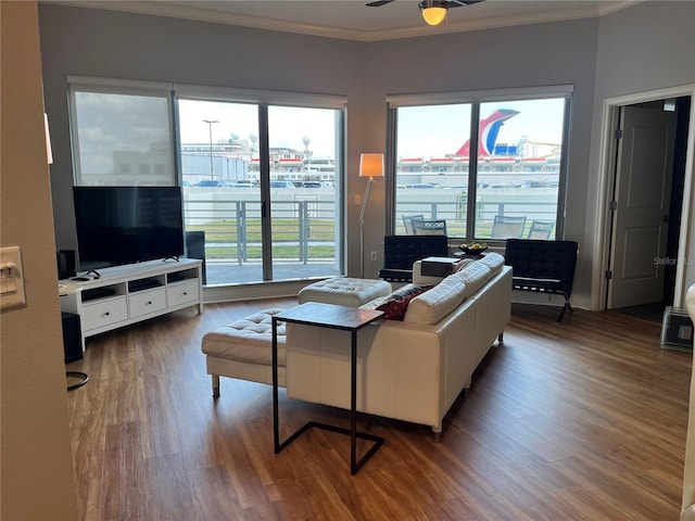 1209 E Cumberland Ave Unit 508, Tampa, FL 33602 - living area with ornamental molding, wood finished floors, and ceiling fan