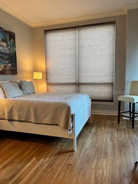 1209 E Cumberland Ave Unit 508, Tampa, FL 33602 - bedroom with ornamental molding, wood finished floors, and baseboards