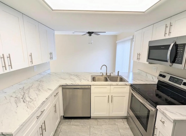 kitchen with kitchen peninsula, stainless steel appliances, sink, white cabinets, and ceiling fan