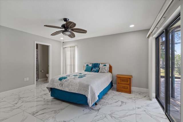 bedroom featuring ensuite bath, access to exterior, and ceiling fan