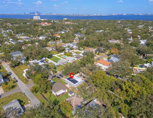 drone / aerial view with a water view