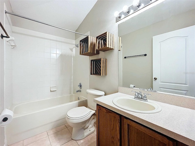 full bathroom featuring  shower combination, vanity, toilet, and tile patterned flooring