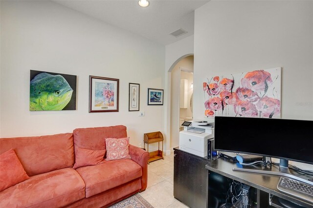 home office with light tile patterned floors