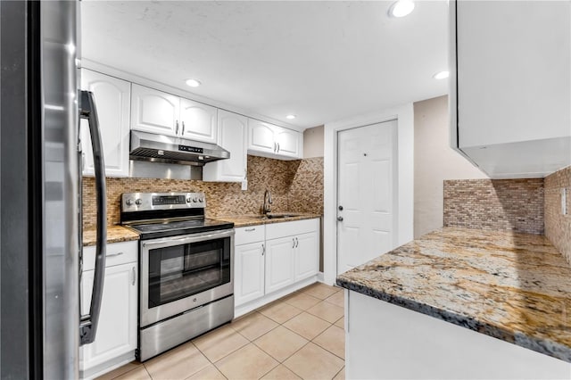 kitchen with white cabinets, stainless steel appliances, sink, and stone countertops