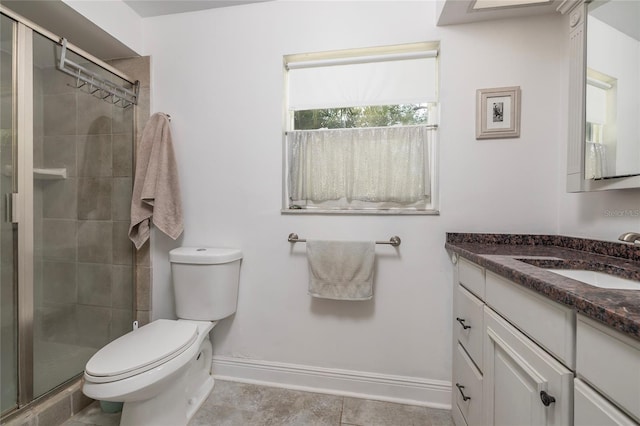 bathroom with walk in shower, tile patterned flooring, vanity, and toilet