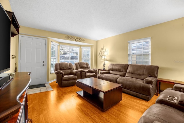 living room featuring light wood-style floors and a textured ceiling