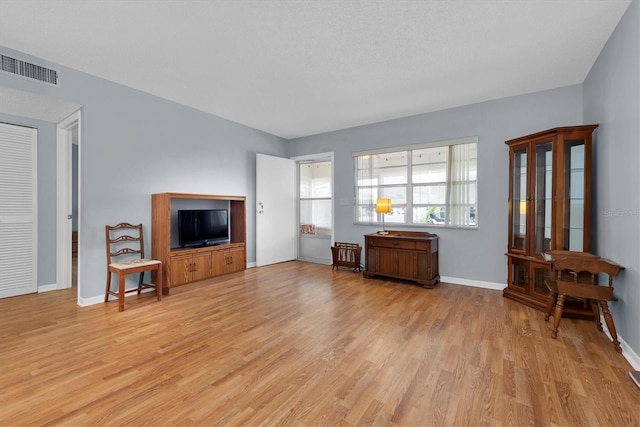 living room with light hardwood / wood-style floors and a textured ceiling