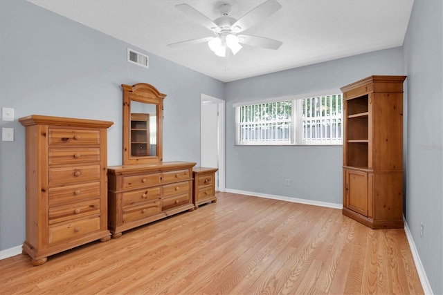 bedroom featuring ceiling fan and light wood-type flooring