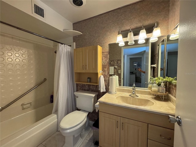 full bathroom with vanity, toilet, shower / bathtub combination with curtain, and tile patterned flooring