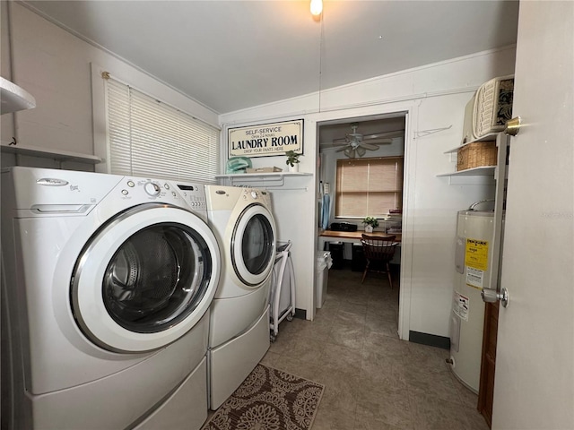 laundry room with washer and dryer, electric water heater, and ceiling fan