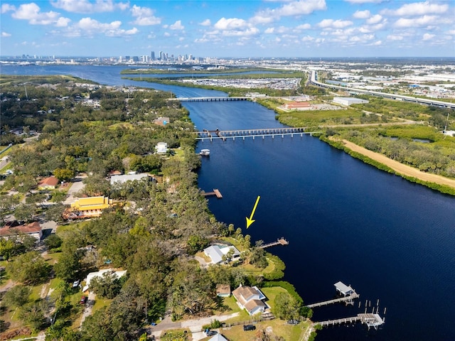 bird's eye view with a water view