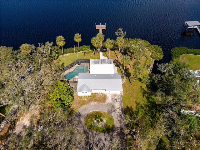 aerial view featuring a water view