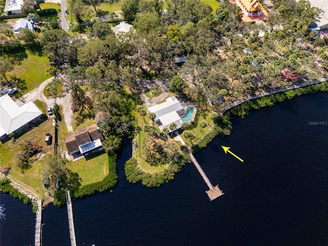 bird's eye view with a water view