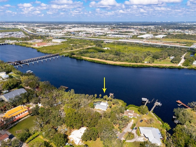 drone / aerial view featuring a water view