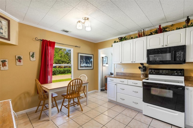 kitchen featuring white cabinetry, white electric stove, and ornamental molding