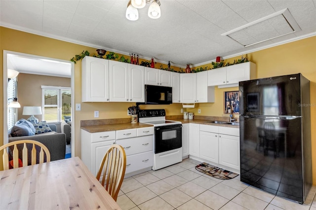 kitchen with white cabinets, sink, crown molding, and black appliances