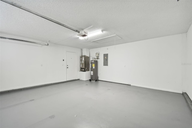 garage with electric panel, water heater, and a garage door opener