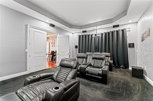 carpeted cinema room with a raised ceiling