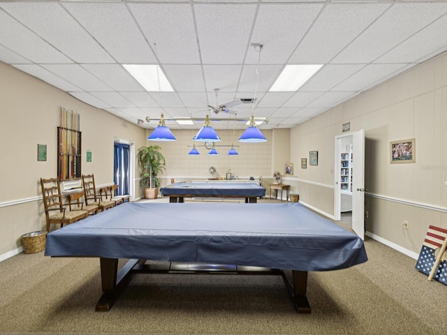 game room with carpet, billiards, and a paneled ceiling