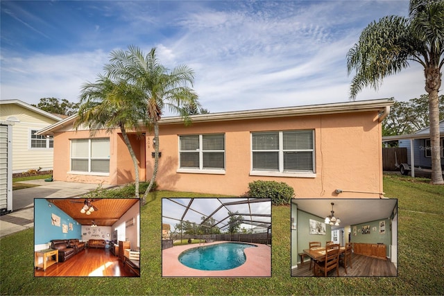 rear view of property with a patio area, a lanai, a fenced in pool, and stucco siding