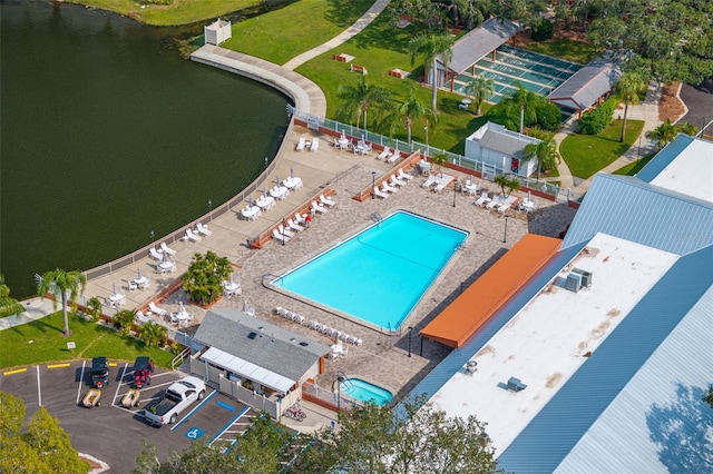 drone / aerial view with a water view