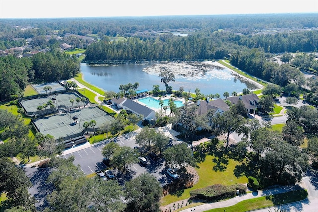 drone / aerial view with a water view