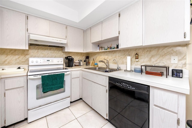 kitchen featuring dishwasher, backsplash, white electric stove, sink, and light tile patterned floors