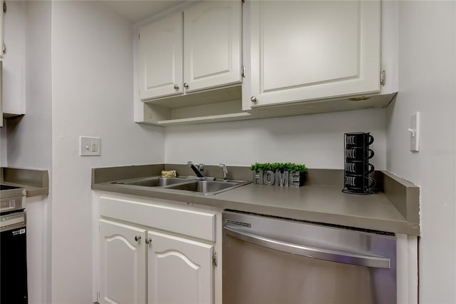 kitchen featuring white cabinetry, stainless steel dishwasher, and sink