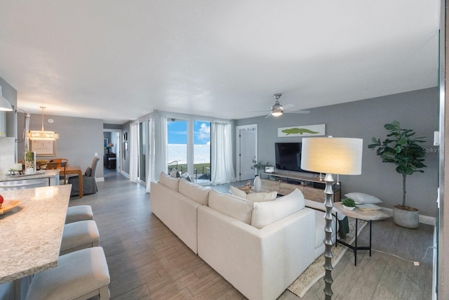 living room featuring wood-type flooring and ceiling fan