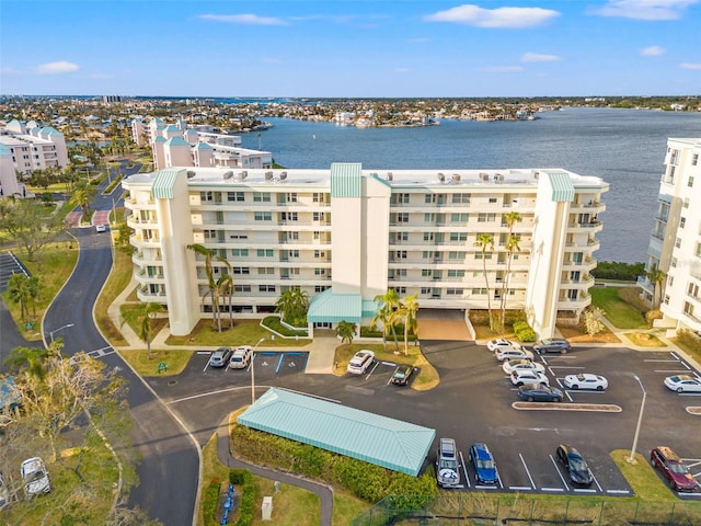 drone / aerial view with a water view