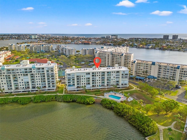 drone / aerial view with a water view